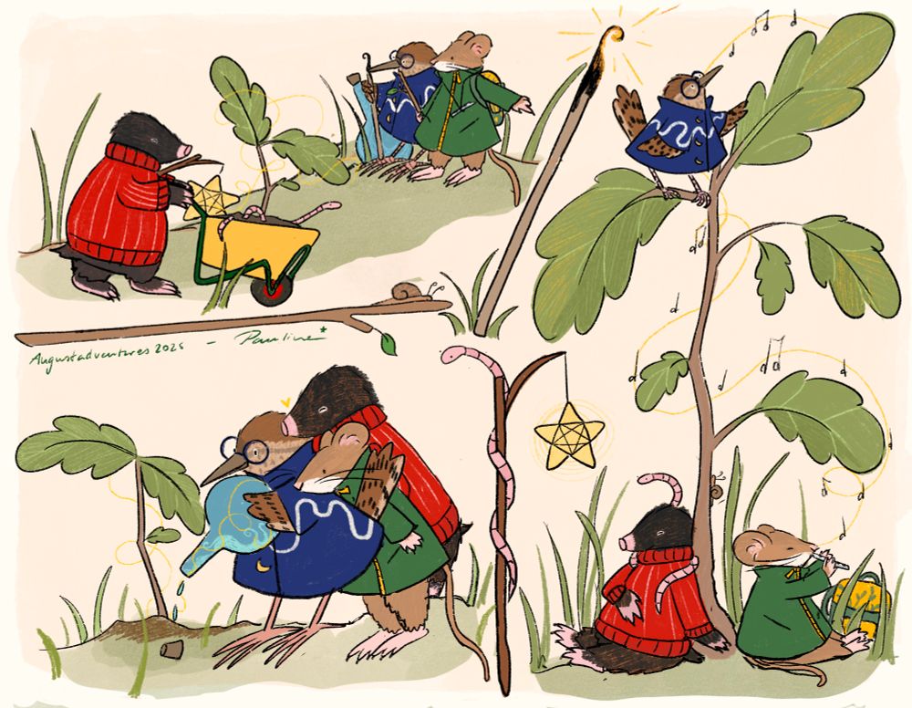 A sequence of digital drawings showing three friends, a mole in a red sweater, a mouse in a green jacket and a wren in a blue wizard coat, finding a tree sapling, watering it with a magic potion and then playing music to it to watch it grow