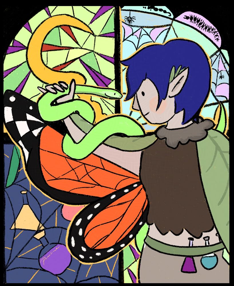 A drawing of starbuncles character myr, an elven woman with short blue hair a green leaf coat and orange butterfly wings below her arms. She has her side turned to the viewer and is looking at a green snake wich she is holding. The background is made up of a stained glass window with motives of insects, potions and her weapon, a poisonous speer
