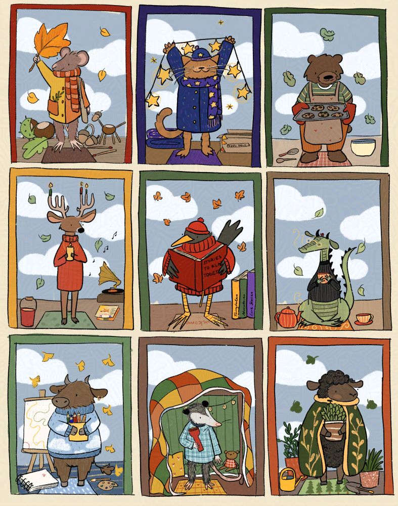 A digital drawing showing nine colorful doorframes in a 3x3 grid. Behind each door a creature is holding items related to an autumn activity. There are (from left to right, top to bottom) A mouse/rat in an orange and yellow coat showing off autumn crafting materials and a selfmade deer from matchsticks, a chestnut and an acorn, A cat in purple and blue hat, scarf and coat with star detaiös holding up a string of starry lights next to a box of decorations, A bear in a stripy shirt with oven mitts holding a tray of cookies next to some baking supplies, a deer holding a candle next to a grammophone and some records (the top one being by @sophmobile's character theo the fox), a blackbird in a red woolen hat and sweater reading a book, A green dragon in a black turtleneck drinking tea, a brown cow in a cloud patterned sweater bringing art supplies, An opossum in a blue pyjama shirt holding a flashlight in front of a blanket fort which has a little bear plush sitting in it and a sheep in a green cape with yellow leaves holding a plantpot surrounded by houseplants and gardening supplies.