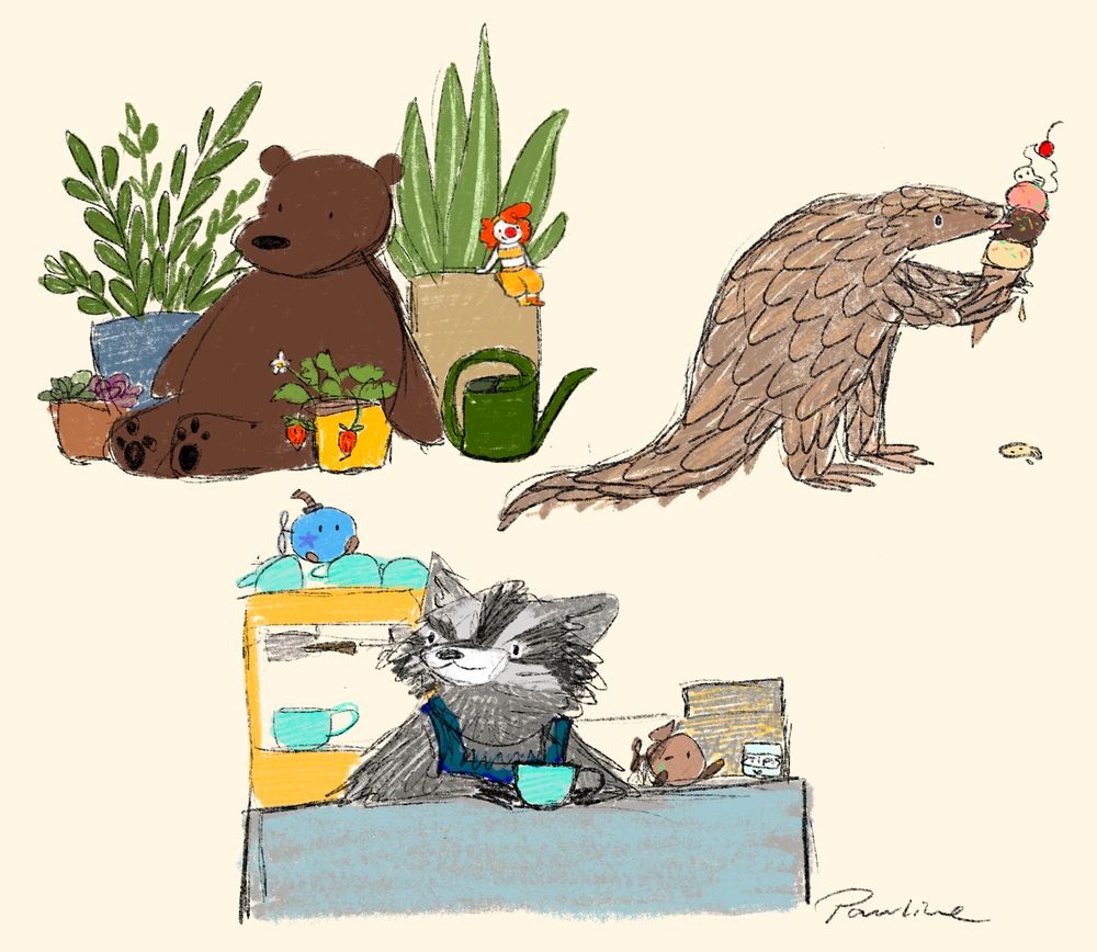 Three digital sketches placed next to each other. There are a djungelskog bear plush surrounded by potted plants with a tiny version of @caseymcdang's clown OC arabica sitting on one of the plantpots. A pangolin licking an icecream cone with a tiny skull decoration on top for @skullzminus and a raccoon barista with a yellow coffee machine and one blue and one brown bob-omb figures for @bluebomb280.