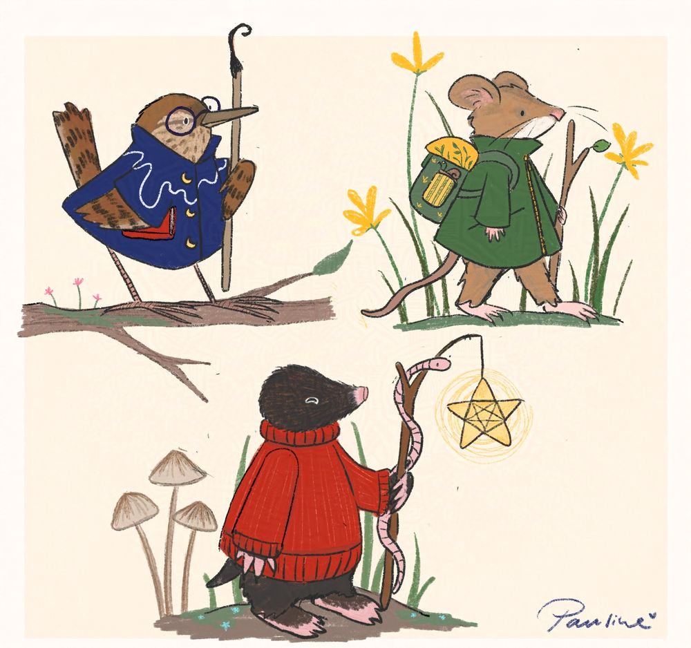 A digital drawing showing three animal characters. The first is based on a wren, is wearing a dark blue coat with a swirly white line and moon buttons and is carrying a staff that looks like a burnt-out match. They are sitting on a branch covered in a little moss and some tiny pink flowers. The second one is a wood mouse with reddish brown fur, wearing a green coat and a green and yellow backpack with a tiny snail sitting on one of the side pockets. The mouse is holding a staff in the shape of a basic tree branch that has one little leaf growing on it. It is walking through high grass with abstract yellow flowers strewn in. 
The third is a black mole with a pink nose in a red knitted sweater. It is carrying a staff with a hanging star-shaped lantern around which an earthworm has wound itself, looking in the same direction as the mole. The mole is standing on a mound of earth on which some grass and three small, thin mushrooms are growing.