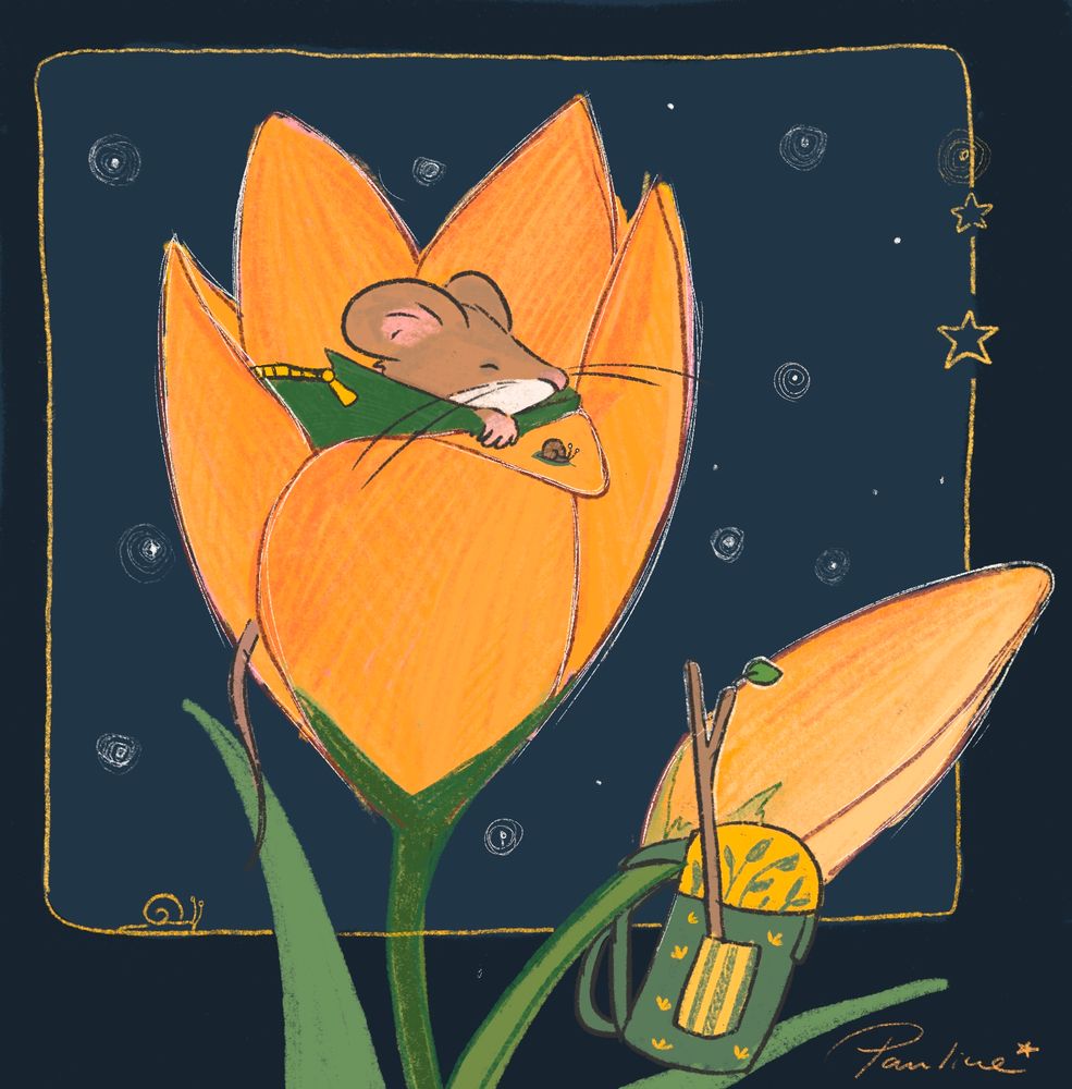 A digital drawing of a mouse napping in an orange and yellow tulip, slightly covered by a green coat. Her backpack hangs on a second tulip with her stick sticking out of it. a tiny snail sits in front of her on a tulip petal