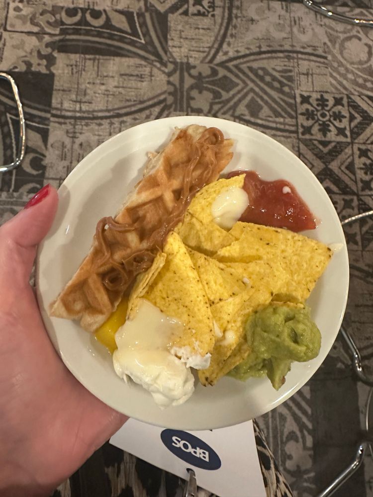 A plate holding a piece of waffle with biscoff spread, and tortilla chips with salsa, guacamole, cheese sauce and sour cream. 