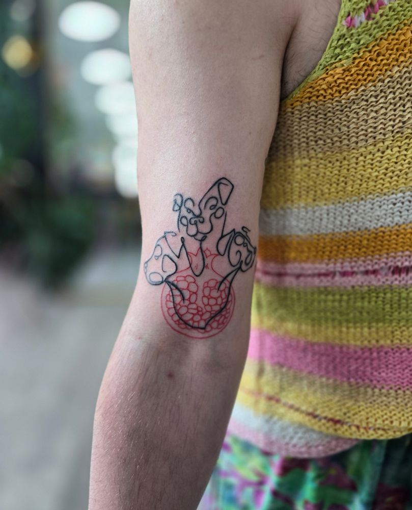 after touchup! a single-line cerberus tattoo, with a red fineline pomegranate added at their request. i thickened some of the lines and added some line weight to create a brush-pen effect to cover my errors without making the whole outline too thick. 