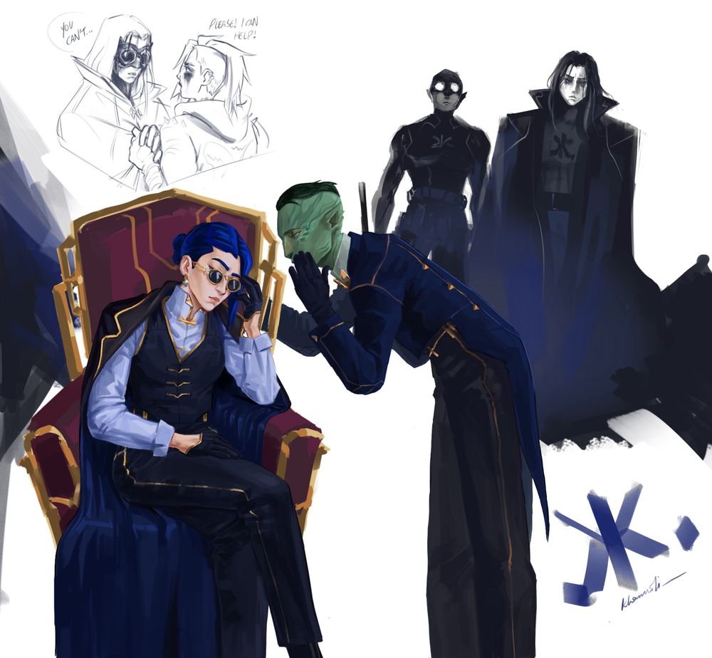 Fanart of Caitlyn and Steb from Arcane in a Batman AU with Caitlyn in a suit and long coat sitting on an a red armchair and Steb standing to her right.