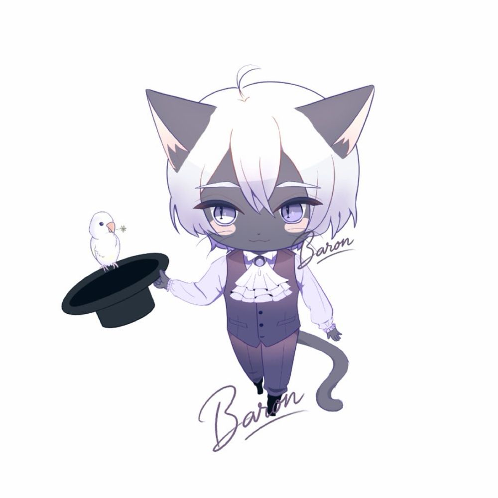 A lilac parakeet and Baron, a black feline from 19c Britain.
