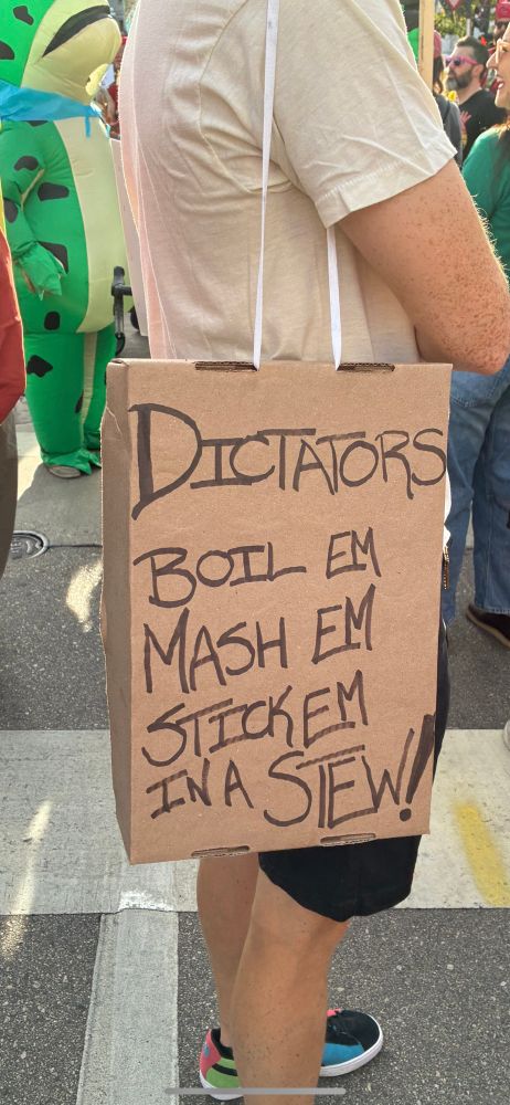 A protest sign that reads “Dictators - boil em mash em stick em in a stew!” Behind the person holding it is a frog.