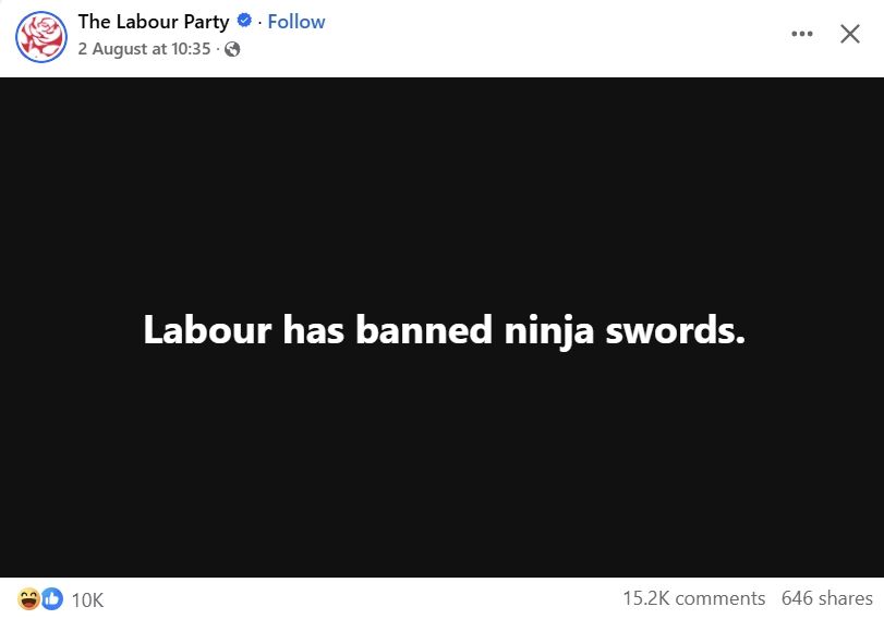 Facebook ad: black background with white letters "Labour has banned ninja swords"