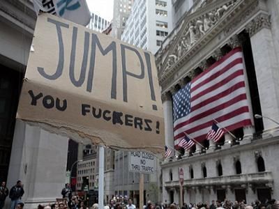 The famous "jump! You fuckers!" Sign from the 2008 financial crash protests 