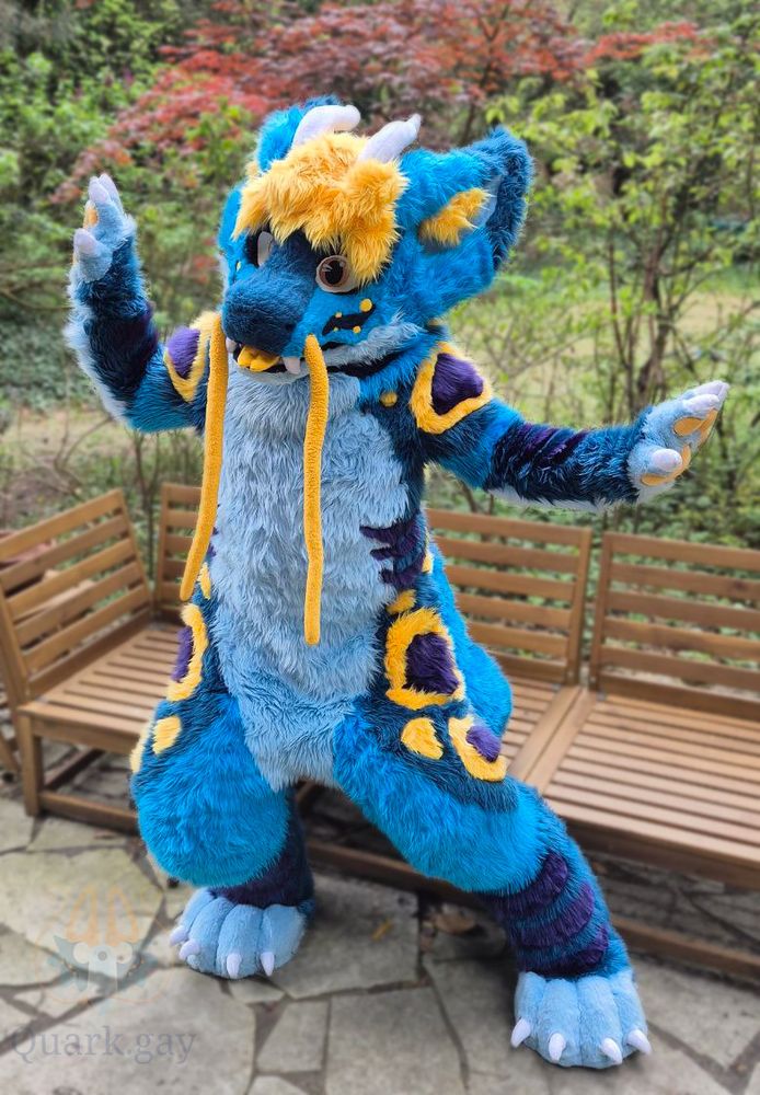 Fursuiter standing in front of a bench. Blue noodle dragon with yellow hair and markings