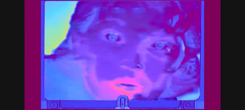 The face of a frightened mother on an animated tv screen