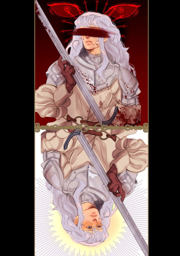Playing card styled illustration of Griffith, showing both the ethereal and light version pre eclipse and my personal interpretation of the dark arts of him.