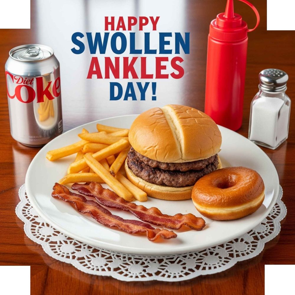The entire square image is an artificial photo. A round dinner plate sits on a doily on a table. On the plate is a hamburger, french fries, bacon slices, and a deep fried donut. Near the plate is a salt shaker, a classic red ketchup dispenser, and a can of diet Coke. The text at the top reads, 