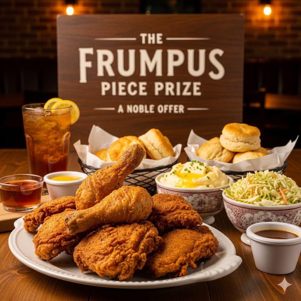 Entire square, artificial photograph is a promotional photo for fried chicken, coleslaw, mashed potatoes, biscuits, and iced tea. A sign behind all these goodies reads, 