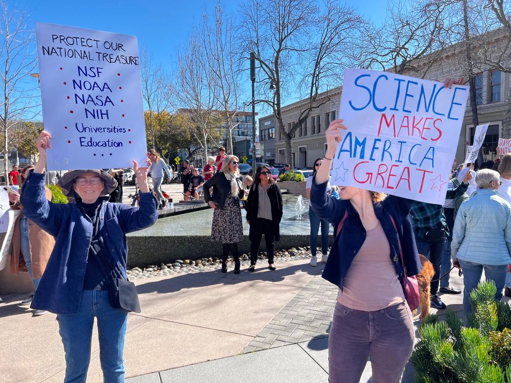 People gathered with pro-science signs in Palo Alto’s Lytton Plaza today, cheering at honking cars