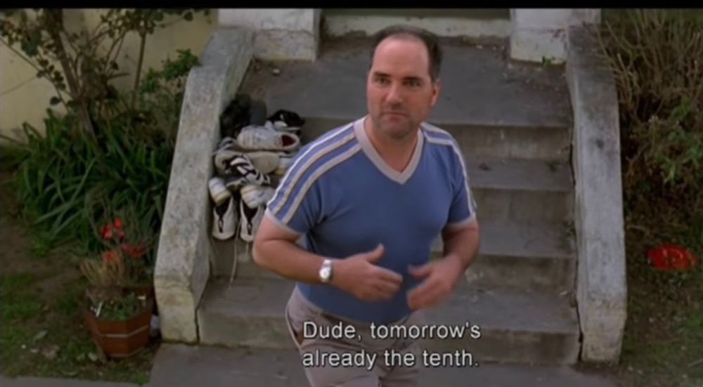 The Dude's landlord says tomorrow is already the tenth. Jack Kehler in a scene from the movie The Big Lebowski (1998).