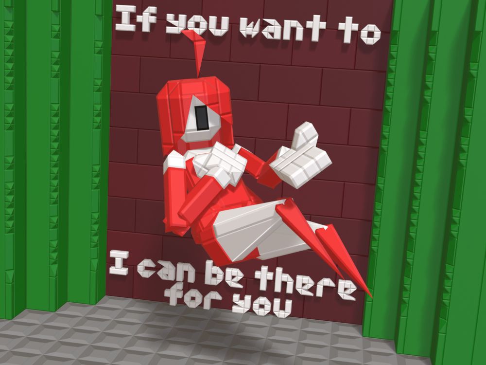 BOY floating with a hand on his chest and his other extended out towards the viewer, in the background is a brick wall with the text "If you want to. I can be there for you." the entire scene is constructed out of bricks from Brickadia