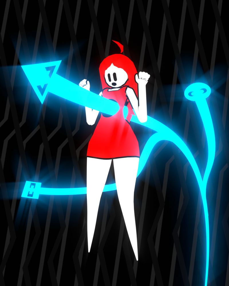 BOY being pierced in the chest by a glowing planarian-like three headed glowing creature, he looks surprised. each of the heads have simple eyes and the heads are shaped from left to right, as a square, triangle, and circle, designed to look like the symbol for USB