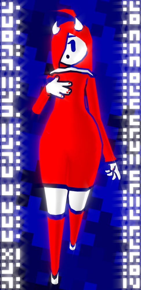 BOY, now with horns, boots, nail polish, and a new dress, walking infront of a puzzle piece background with text on either side of him