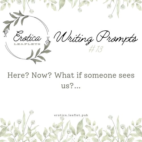 The thirteenth Erotica Leaflets writing prompt. The image is bordered on the top and bottom with leaves and the Erotica Leaflets logo is in the upper left corner. Across the right says, "Writing Prompt #13". The thirteenth writing prompt is: "Here? Now? What is someone sees us?...".