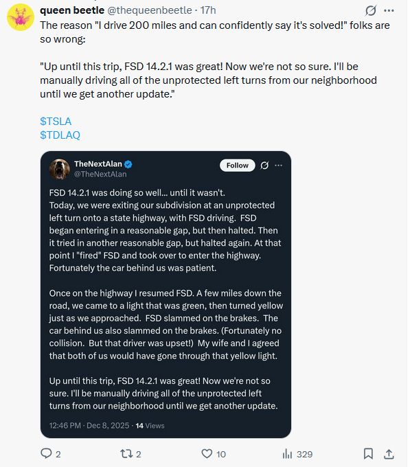 An example of the mistakes that $TSLA FSD's latest version (14.2.1) is making. These kinds of mistakes can easily cause accidents if drivers are not paying very close attention. Not ready for a true Robotaxi service. 