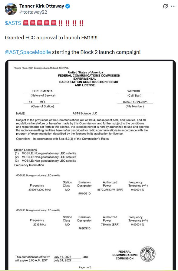 Screenshot of FCC approval to launch FM-1 Satellite