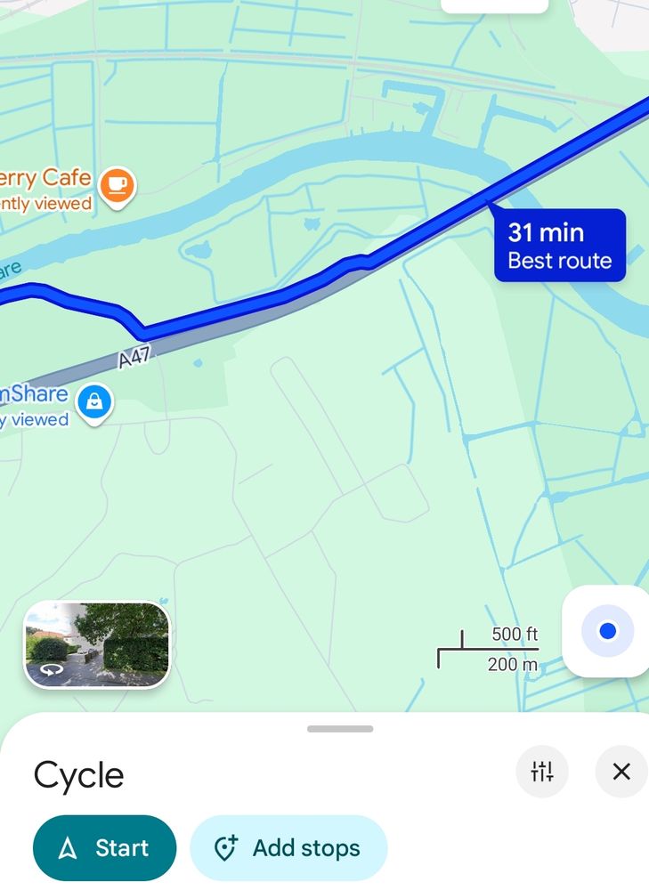 Google maps cycling directions showing a route along the A47