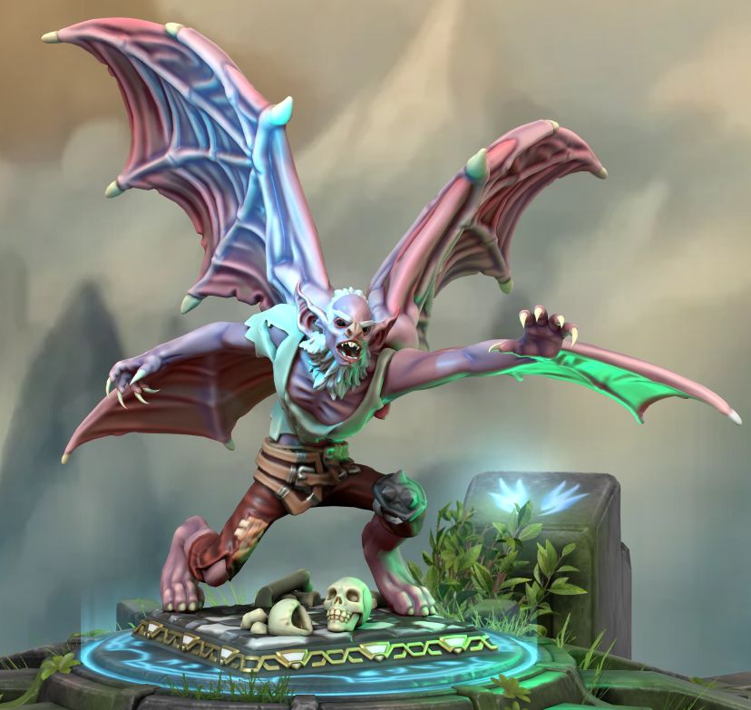 A humanoid bat creature rendered in 3d, with clawed appendages, torn clothes, large wings unfurling from its back, and smaller wings attached to its arms. It is lunging forward while snarling.