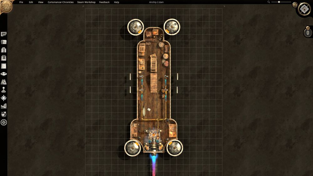 An in progress VTT map created in Dungeon Alchemist showing the lowest deck of what will be an Airship.