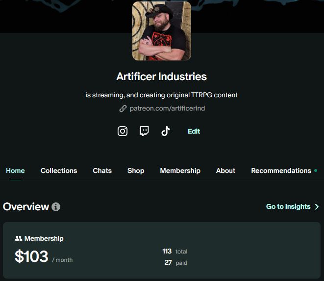 A screenshot from my Patreon page showing how much I earn, and how many people are following vs. how many are supporting. The earnings read $103 a month, and out of 113 total members, only 27 of them are paid supporters.