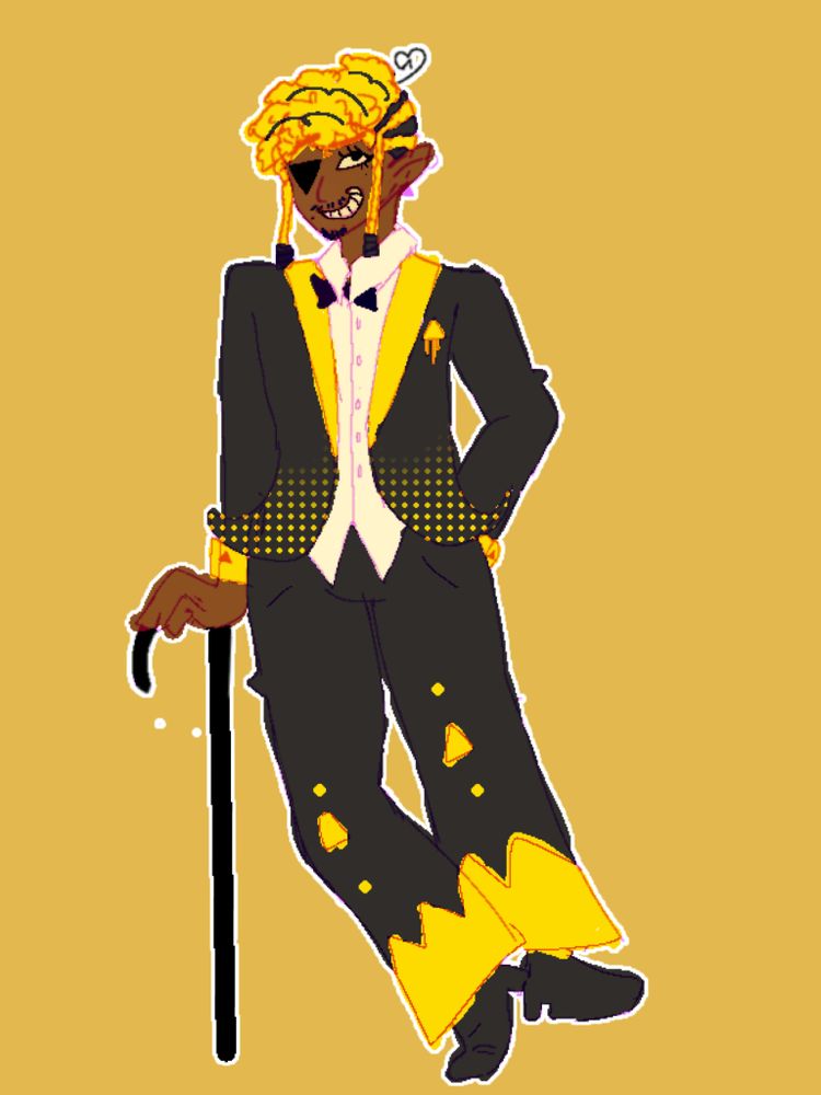 Image description: black man leaning on cane wearing a black suit patterned with triangles and dots. He has a curly yellow mowhawk with black highlights along with the sides of his head being braided with two of the braids dangling with black beads. One eye is covered by a triangle.