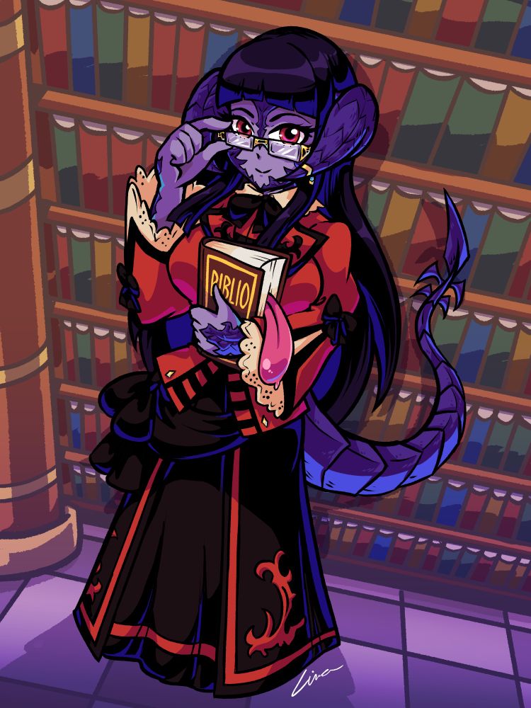 Au Ra girl with glasses holding a book with a tongue sticking from its pages.