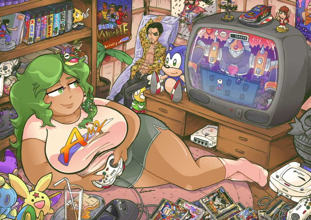 A drawing of Sanae Kochiya from Touhou in a bedroom surrounded by Sega memorabilia. She's lying on her side and playing Saturn Bomberman.