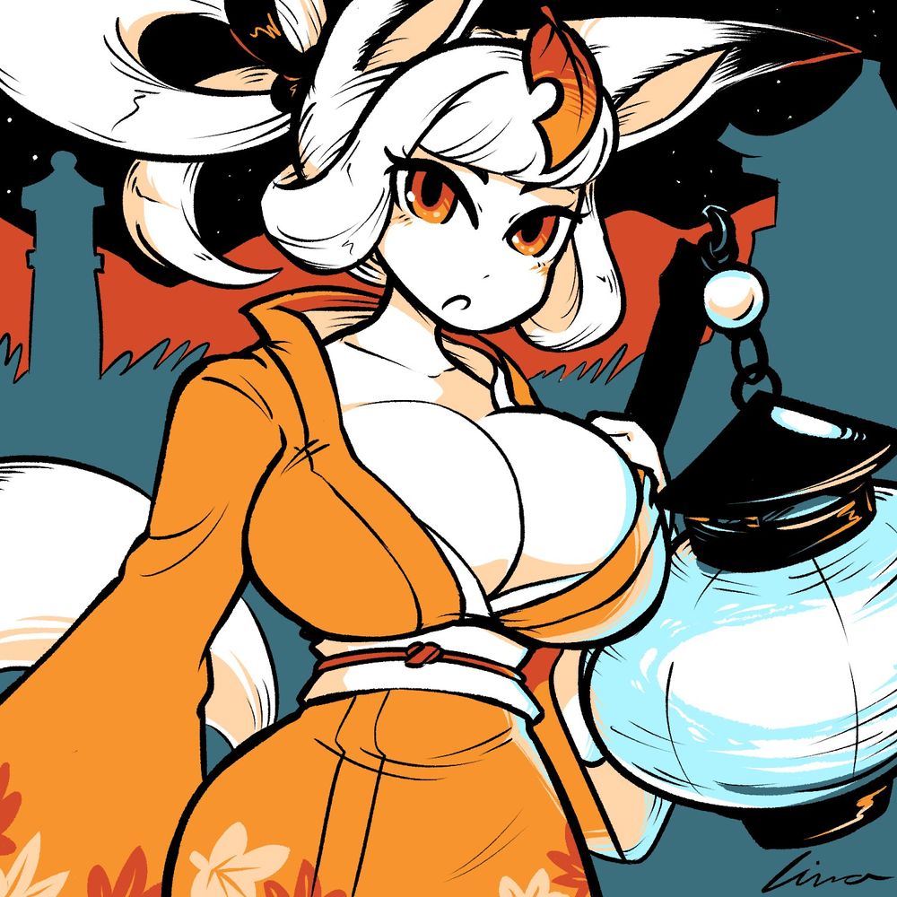 Drawing of a woman with fox years and tail. she has a lead on her head and is wearing a tight orange kimono. Her breasts are very large and overflowing. She's holding a lantern which emits a blue glow.
