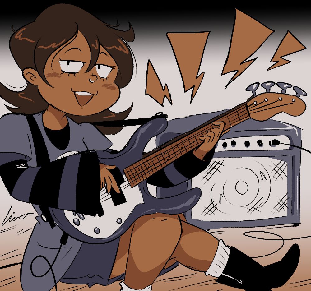 drawing of a young woman holding a bass guitar and smiling smugly at the viewer