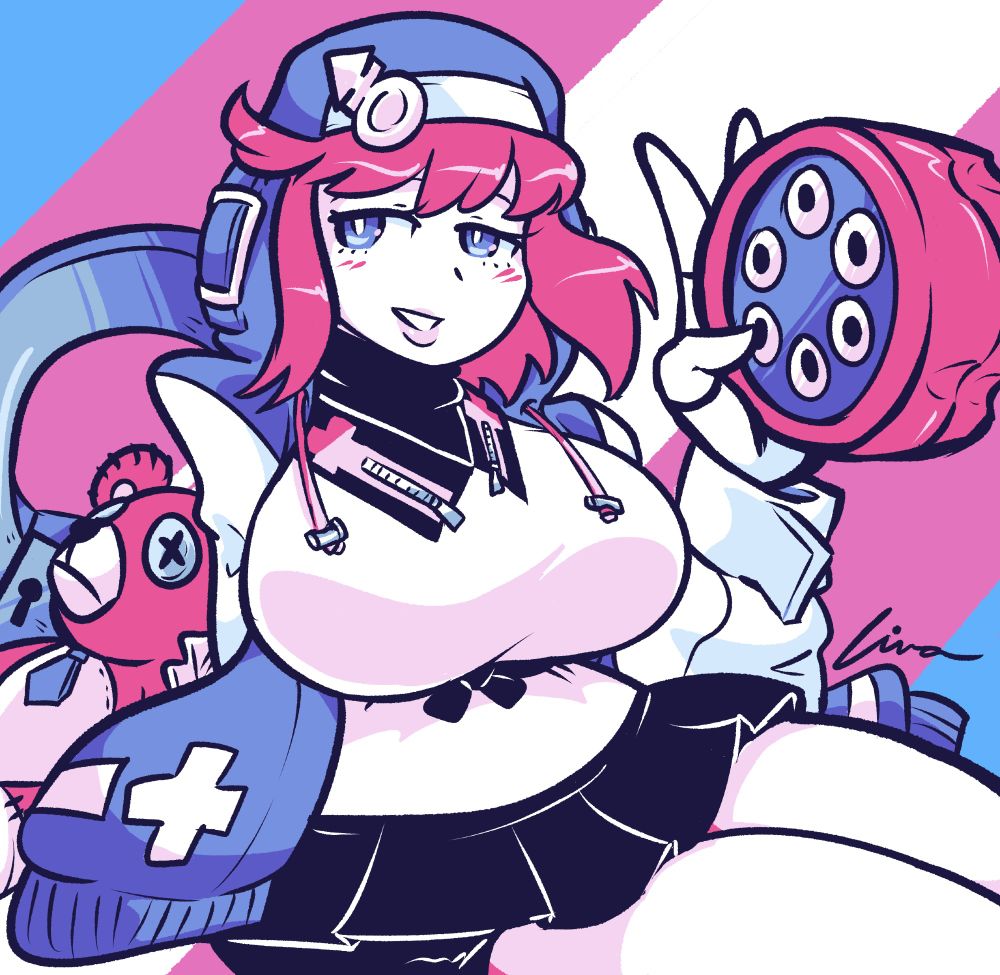 A drawing using the colors of the transgender pride flag (light blue, pink, white) depicting Bridget from the Guilty Gear series, in her Strive incarnation - except with large breasts. She's sitting and smiling at the viewer, holding a hand up in a peace sign while holding her yo-yo. Roger the bear can be seen behind her. The background is shaped like the trans flag.