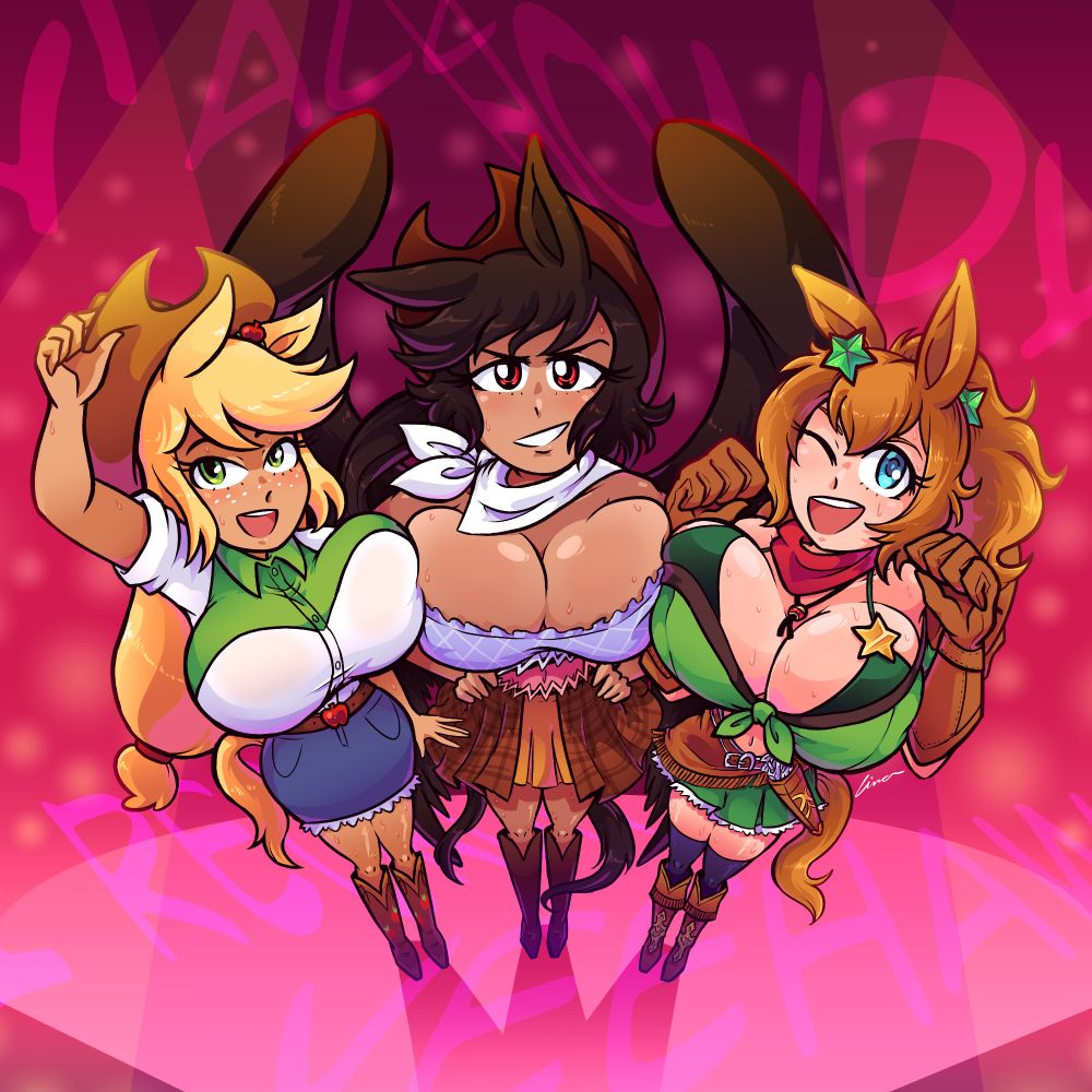 A drawing featuring three young women with horse ears and tails seen from an overhead angle. On the left is a humanoid form of Applejack from My Little Pony: Friendship is Magic. In the middle is Saki Kurokoma from Touhou. On the right is Taiki Shuttle from Umamusume Pretty Derby. They appear to be on some kind of stage with lights shining on them.