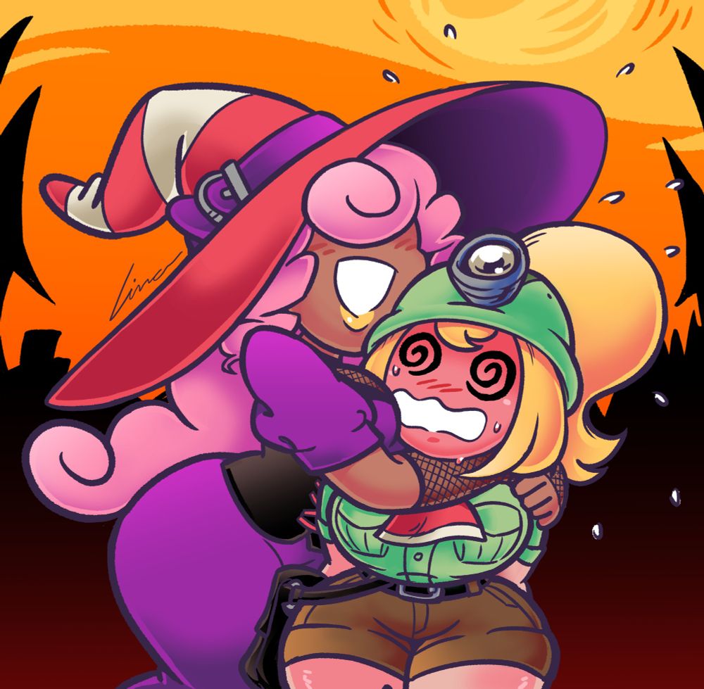 drawing of human Paper Mario characters in human form. Vivian is hugging Goombella, who is flustered. #art #gijinka