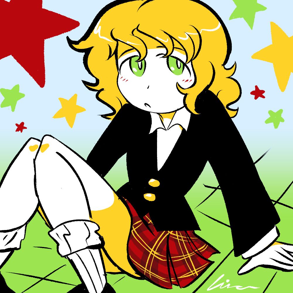 drawing of a boy wearing a kilt, sitting on a nondescript tiled green floor