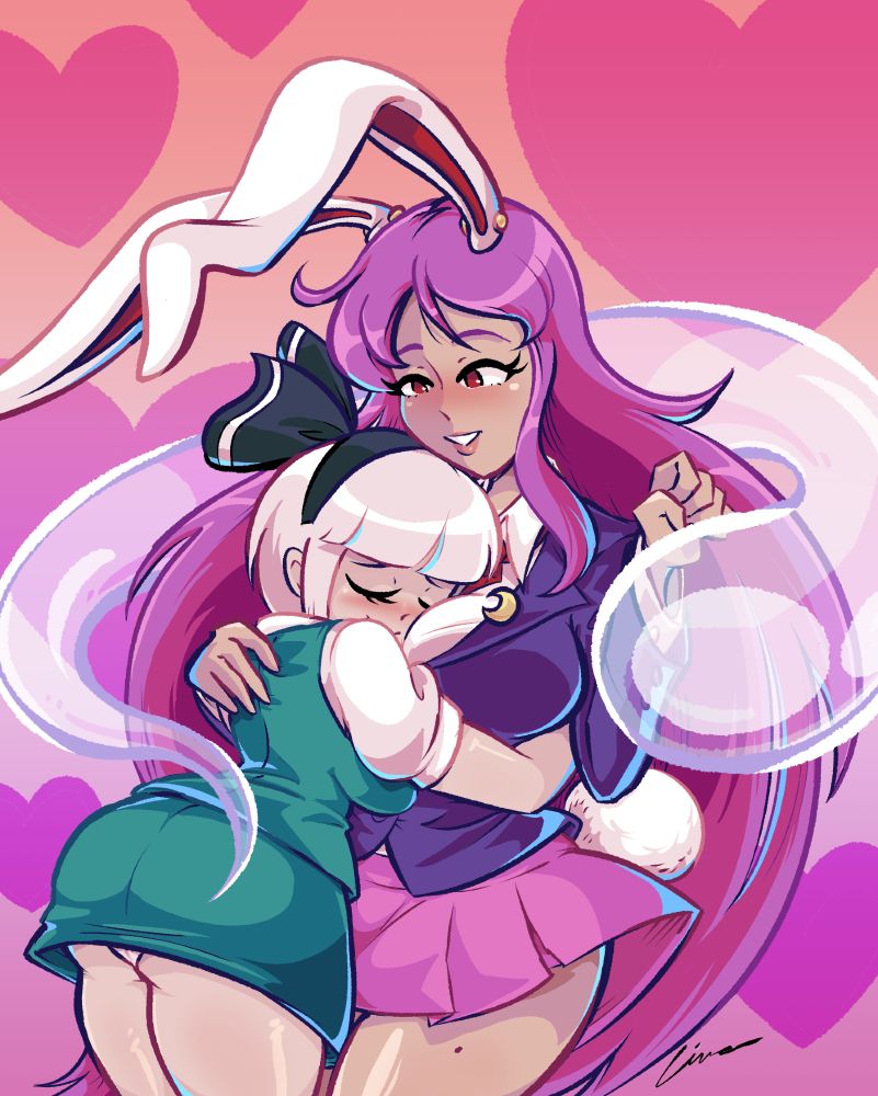 A drawing of Reisen Udongein Inaba and Youmu Konpaku from Touhou, embracing. Youmu has her face buried into Reisen's breasts.