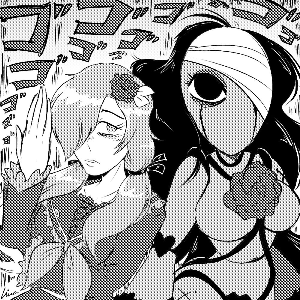 drawing of a jojo's bizarre adventure OC - a girl in a school uniform with hair covering one eye and pigtails, posing dramatically next to her stand, which looks like a doll with a bandaged head. the picture is rendered in black and white with midtones like a manga page.