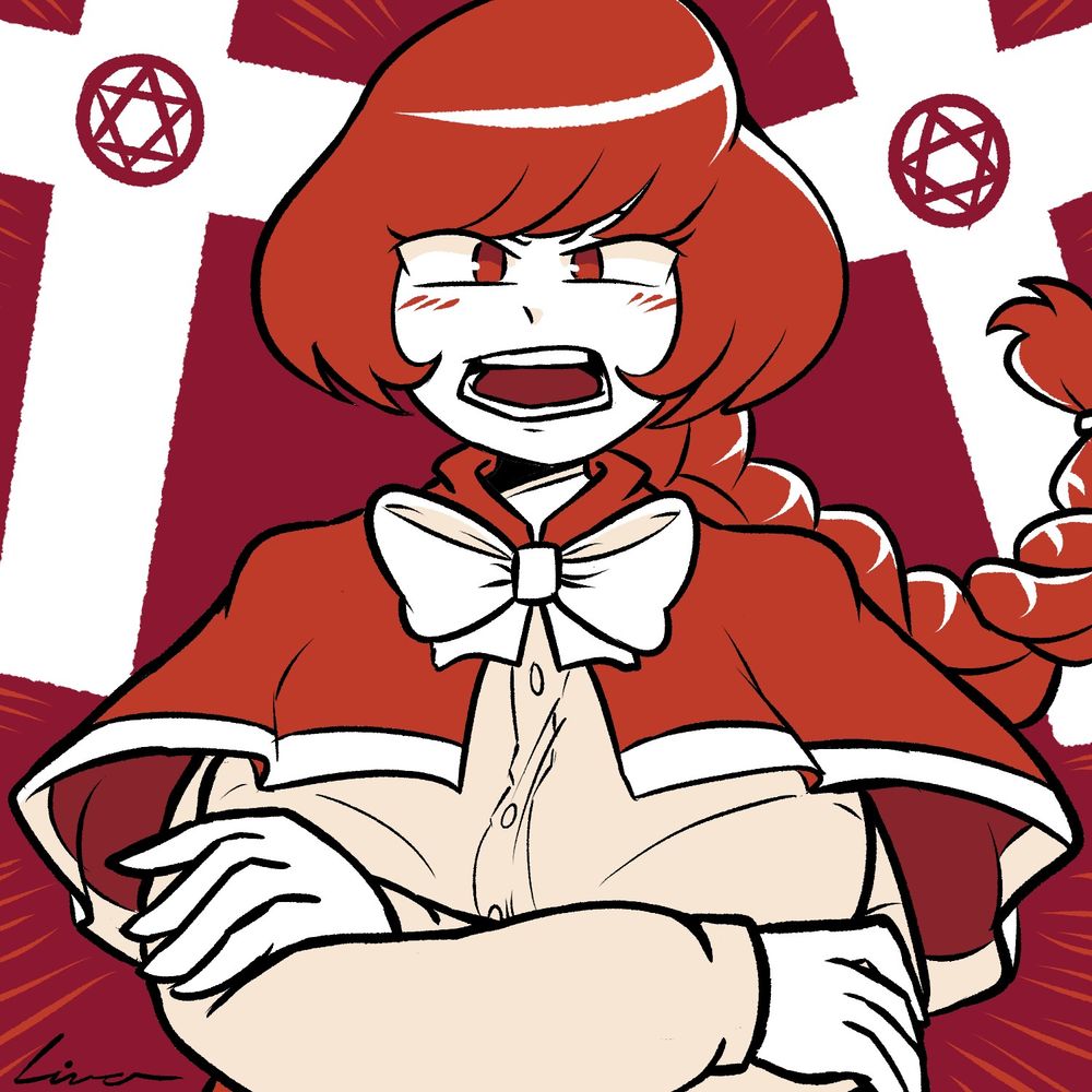 Drawing of Yumemi Okazaki from Touhou, with her arms crossed and a fierce look on her face.
