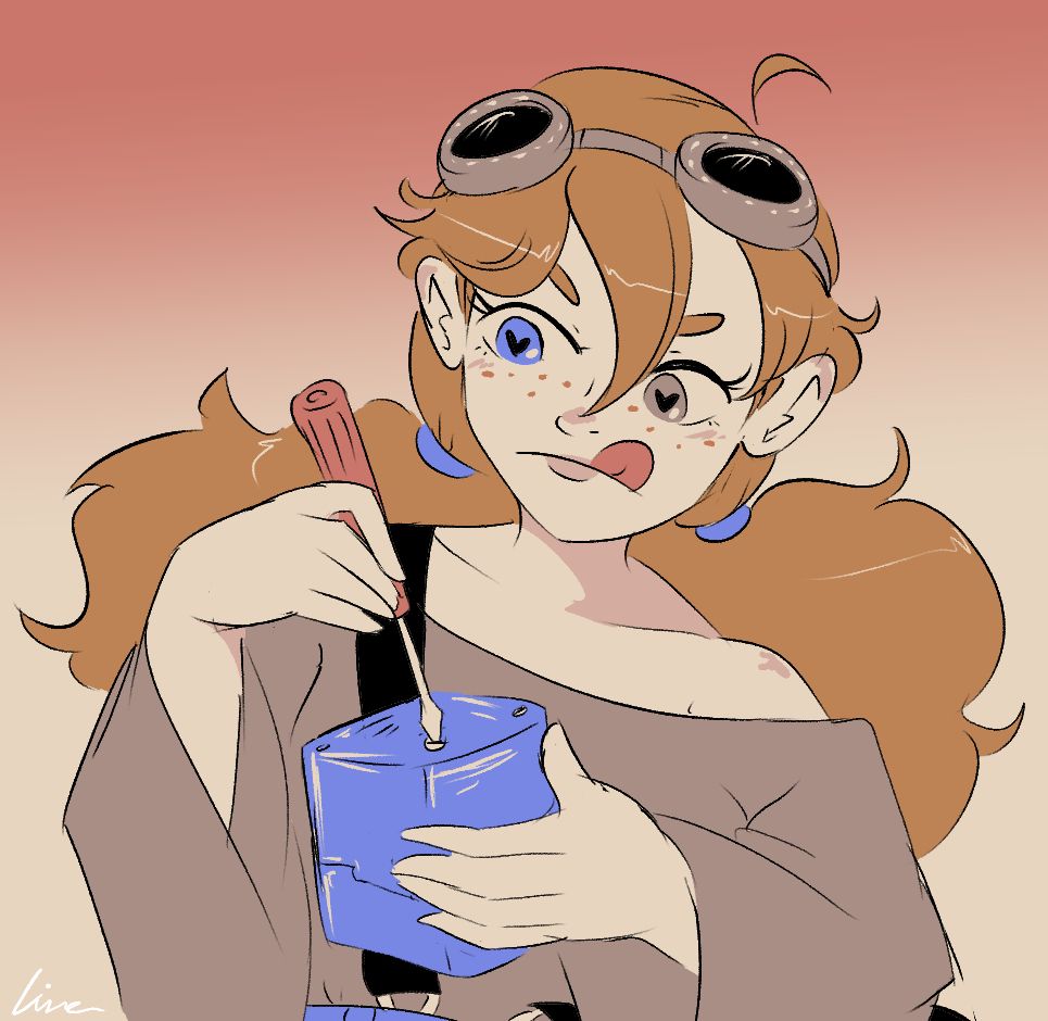 drawing of a girl with goggles on her forehead, freckes, and twintails working on some nondescript device, screwing (or unscrewing?) it