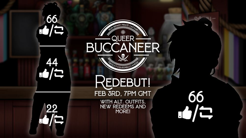 Queer Buccaneer Redebut, Feb 3rd 7pm GMT
With Alt. Outfits, New Redeems and More.
The image shows a silhouette of a Vtuber model, divided into three segments. The bottom segment is labelled "22 likes and reposts", the middle is labelled "44 likes and reposts" and the top is "66 likes and reposts". The top section is also zoomed in on the otherside of the image.