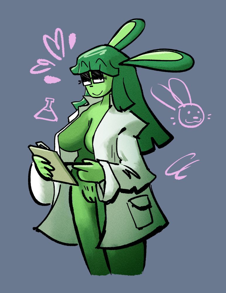 Their character "Candry", a green bunny girl, smirking at the camera while she checks something on her notepad. Her lab-coat is loose and her epic cleavage is showing. And she ain't got shorts in this one. Pussy is out yo.