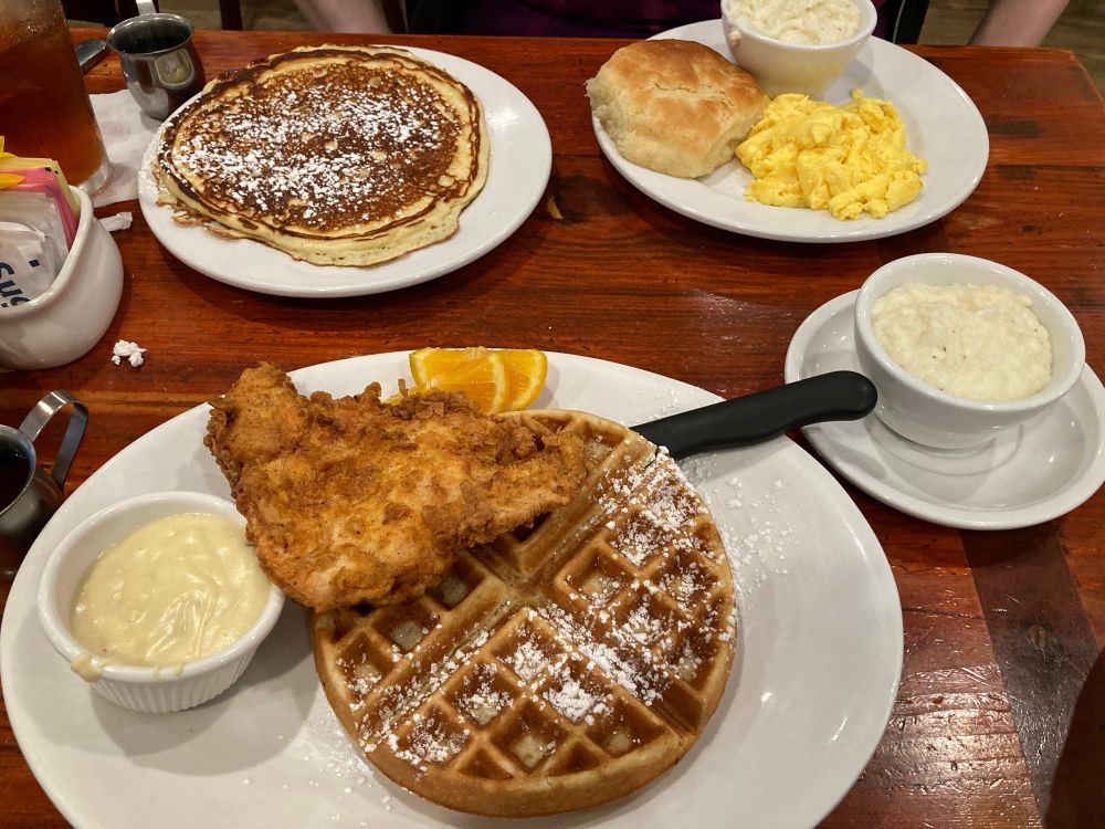 chicken and waffles, grits, pancake, biscuit, eggs