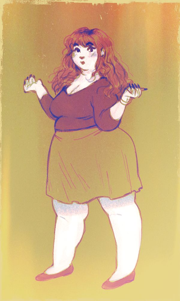 Fat girl with wavy hair wearing ballet flats and a skirt.