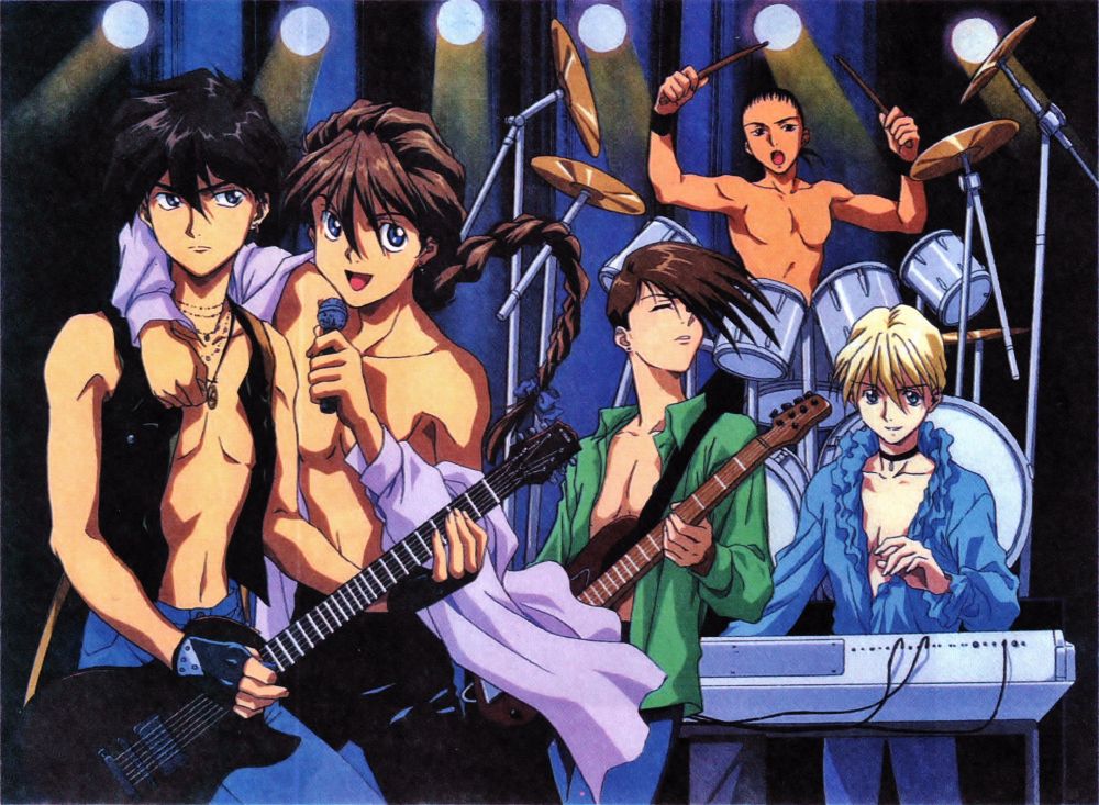 The Gundam Wing pilots pictured as a boy band.