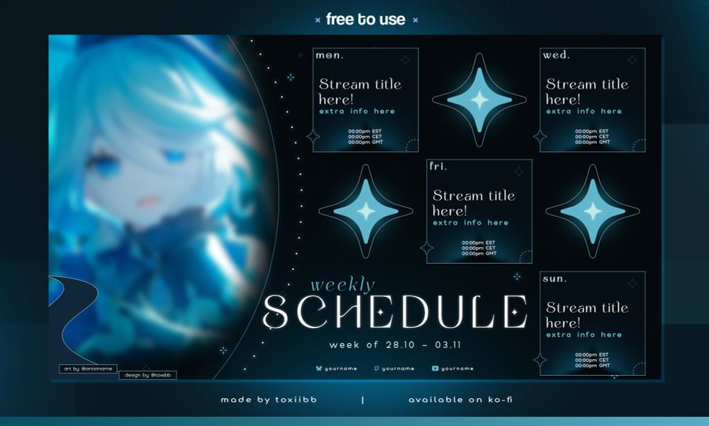 a free to use stream schedule in various shades of teal, with white elements. on the left is a blurred photo, on the right are square frames with text and large glowing sparkles. the aesthetic is calm. 