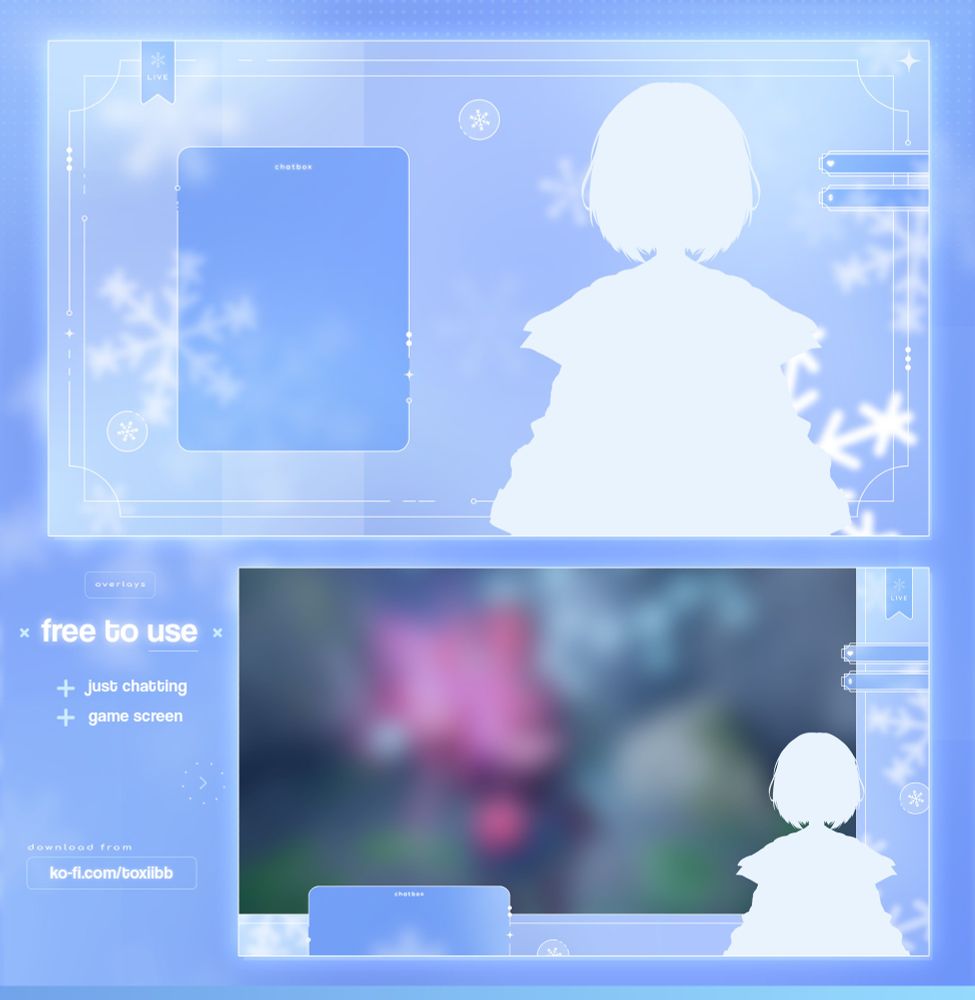 Free to use stream overlay in blue tones with white slightly blurred snowflakes in the background, winter theme, calm aesthetics